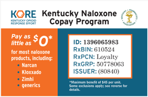 Image of the naloxone copay program card with text that reads "Pay as little as $0 for most naloxone products, including Narcan, Kloxxado, Zimhi, generics"