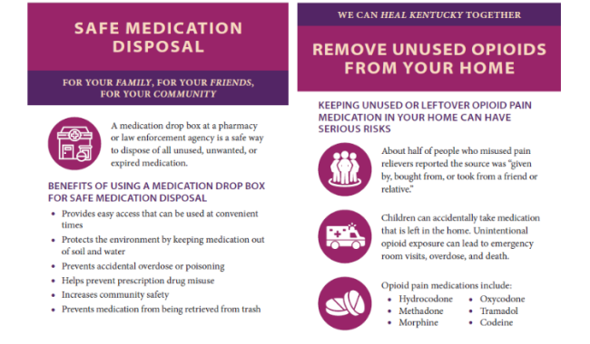 Image of flyer discussing removing unused opioids from home. Discusses the misuse of pain relievers and accidental ingestion by children. Common opioid pain medications are listed including Hydrocone, methadone, morphine, oxycodone, tramadol, and codeine